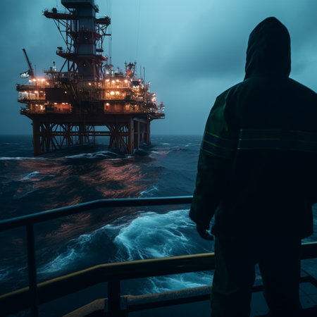 Working on an oil drilling platform in the middle of the sea is no easy feat. Engineers and staff are faced with the constant challenge of keeping the platform running smoothly and safely while contending with the harsh and unpredictable conditions of the open ocean.AI generatedの素材