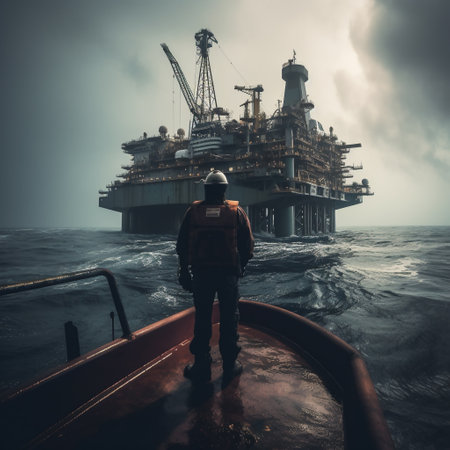 Working on an oil drilling platform in the middle of the sea is no easy feat. Engineers and staff are faced with the constant challenge of keeping the platform running smoothly and safely while contending with the harsh and unpredictable conditions of the open ocean.AI generatedの素材