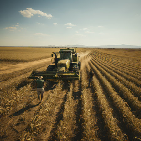 Vast fields of golden corn stretch towards the horizon, a testament to the dedication of farmers and the heart of an industry that feeds nations. From planting to harvesting, every step is a labor of love that yields abundant harvests. Amidst the rustling leaves, a scene of loading onto cargo ships unfolds, highlighting the vital link between production and global export. It's a snapshot that captures the journey of sustenance, from the fertile fields to the ports that connect communities across the world.generative aiの素材