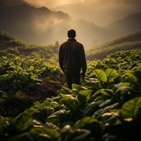 In this shot, the essence of tradition and cultivation unfolds as a tobacco farmer carefully tends to his crop of leaves. From the verdant fields, the leaves undergo a transformative process, from curing to drying, as they prepare for their destiny as the heart of cigars and cigarettes. This image captures the delicate balance between age-old practices and modern industry, reminding us of the intricate journey that turns earth's bounty into the subtle pleasure of tobacco's embrace.generative aiの素材