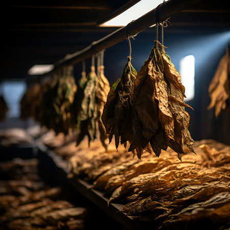 In this shot, the essence of tradition and cultivation unfolds as a tobacco farmer carefully tends to his crop of leaves. From the verdant fields, the leaves undergo a transformative process, from curing to drying, as they prepare for their destiny as the heart of cigars and cigarettes. This image captures the delicate balance between age-old practices and modern industry, reminding us of the intricate journey that turns earth's bounty into the subtle pleasure of tobacco's embrace.generative aiの素材