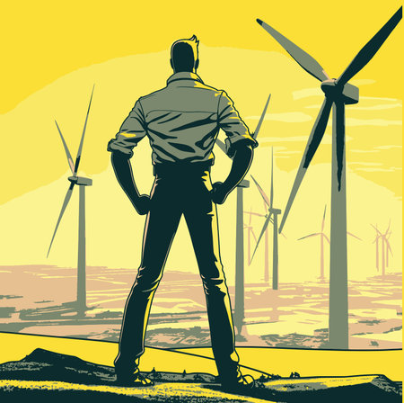 illustration, an engineer stands confidently beside a towering wind turbine. With blueprints in hand and a keen eye on the future, the engineer epitomizes the dedication and vision that drive renewable energy innovation. The colossal wind turbine, with its graceful blades reaching for the heavens, is a symbol of sustainable progress and a testament to the collaborative efforts between human ingenuity and the forces of nature.のイラスト素材