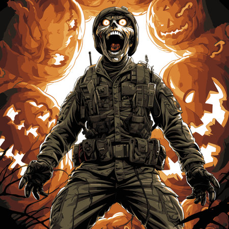 In this captivating illustration, a playful and imaginative scene unfolds as a battalion of Halloween soldiers takes center stage. Each soldier, dressed in a unique and creative costume, stands ready for action, armed with the spirit of fun and adventure that defines thisのイラスト素材