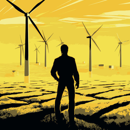 illustration, an engineer stands confidently beside a towering wind turbine. With blueprints in hand and a keen eye on the future, the engineer epitomizes the dedication and vision that drive renewable energy innovation. The colossal wind turbine, with its graceful blades reaching for the heavens, is a symbol of sustainable progress and a testament to the collaborative efforts between human ingenuityのイラスト素材