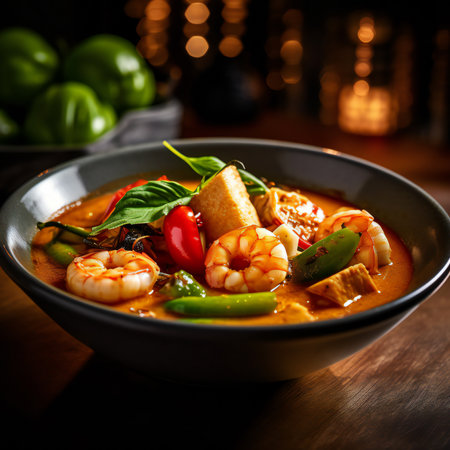 the vibrant and aromatic masterpiece known as Tom Yum Goong takes center stage. The steam rising from the bowl carries the tantalizing scent of lemongrass, chili, and fragrant herbs. This iconic Thai soup is a harmonious blend of sweet, sour, spicy, and savory, creating a sensory explosion that embodies the essence of Thai cuisine. It's a snapshot that transports you to the bustling street markets of Thailand, where every spoonful is a flavorful adventure, and where the richness of tradition meets the excitement of culinary innovation.generative aiの素材