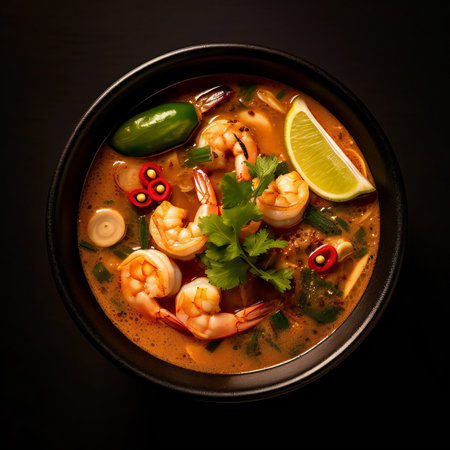 the vibrant and aromatic masterpiece known as Tom Yum Goong takes center stage. The steam rising from the bowl carries the tantalizing scent of lemongrass, chili, and fragrant herbs. This iconic Thai soup is a harmonious blend of sweet, sour, spicy, and savory, creating a sensory explosion that embodies the essence of Thai cuisine. It's a snapshot that transports you to the bustling street markets of Thailand, where every spoonful is a flavorful adventure, and where the richness of tradition meets the excitement of culinary innovation.generative aiの素材