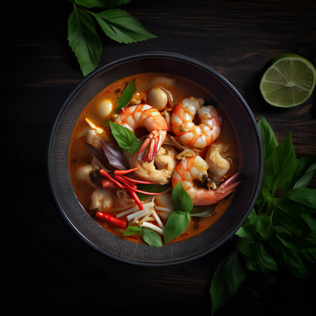 the vibrant and aromatic masterpiece known as Tom Yum Goong takes center stage. The steam rising from the bowl carries the tantalizing scent of lemongrass, chili, and fragrant herbs. This iconic Thai soup is a harmonious blend of sweet, sour, spicy, and savory, creating a sensory explosion that embodies the essence of Thai cuisine. It's a snapshot that transports you to the bustling street markets of Thailand, where every spoonful is a flavorful adventure, and where the richness of tradition meets the excitement of culinary innovation.generative aiの素材