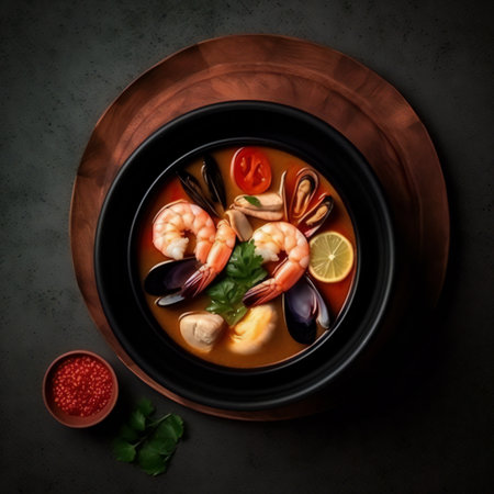 the vibrant and aromatic masterpiece known as Tom Yum Goong takes center stage. The steam rising from the bowl carries the tantalizing scent of lemongrass, chili, and fragrant herbs. This iconic Thai soup is a harmonious blend of sweet, sour, spicy, and savory, creating a sensory explosion that embodies the essence of Thai cuisine. It's a snapshot that transports you to the bustling street markets of Thailand, where every spoonful is a flavorful adventure, and where the richness of tradition meets the excitement of culinary innovation.generative aiの素材