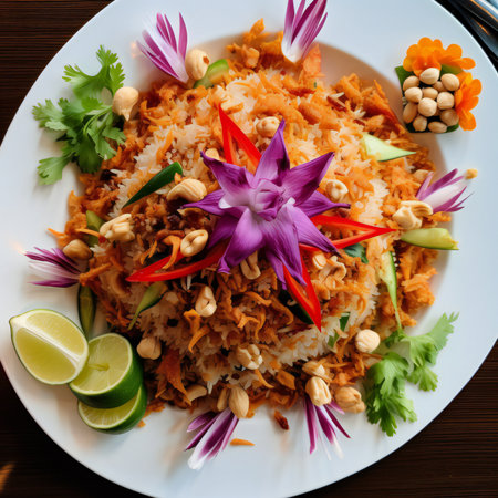 The spotlight is on a plate of Crab Meat Fried Rice, a true masterpiece of Thai cuisine. The dish is a vibrant tapestry of flavors and textures, with succulent crab meat, fragrant jasmine rice, and an exquisite blend of spices and herbs. Each grain of rice glistens with savory delight, while the crab meat lends its sweet and tender essence to every bite. This dish encapsulates the artistry of Thai cooking, where tradition and innovation unite to create a symphony of taste that transports you to the bustling street markets and seaside restaurants of Thailand. It's a culinary journey that celebrates the richness of Thai culture and the pure joy of savoring each delectable mouthful.generative aiの素材