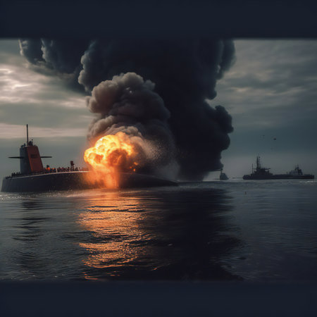 chaos unfolds beneath the ocean's surface as a submarine comes under attack. The scene is shrouded in billowing smoke and fierce flames, a harrowing testament to the intensity of the assault. The water's depths become a battleground, where the bravery and determination of the crew are tested amidst the turmoil. It's a snapshot that captures the raw power and perilous nature of submarine warfare, where survival hinges on skill, strategy, and unyielding resolve.generative aiの素材