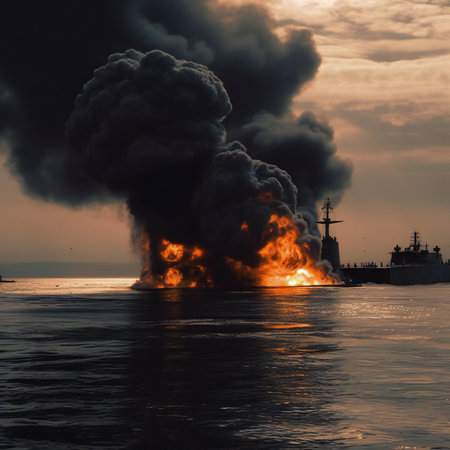 chaos unfolds beneath the ocean's surface as a submarine comes under attack. The scene is shrouded in billowing smoke and fierce flames, a harrowing testament to the intensity of the assault. The water's depths become a battleground, where the bravery and determination of the crew are tested amidst the turmoil. It's a snapshot that captures the raw power and perilous nature of submarine warfare, where survival hinges on skill, strategy, and unyielding resolve.generative aiの素材