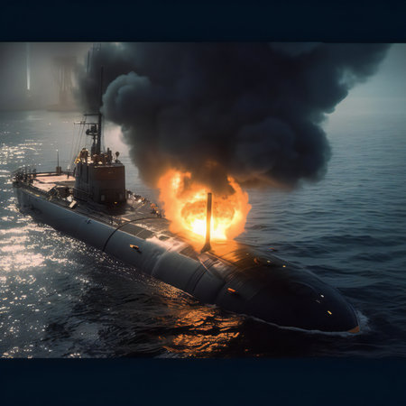 chaos unfolds beneath the ocean's surface as a submarine comes under attack. The scene is shrouded in billowing smoke and fierce flames, a harrowing testament to the intensity of the assault. The water's depths become a battleground, where the bravery and determination of the crew are tested amidst the turmoil. It's a snapshot that captures the raw power and perilous nature of submarine warfare, where survival hinges on skill, strategy, and unyielding resolve.generative aiの素材