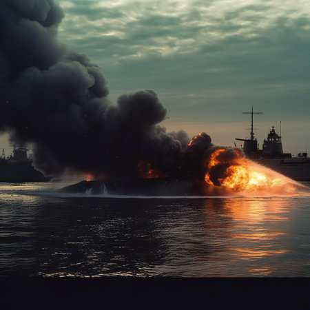 chaos unfolds beneath the ocean's surface as a submarine comes under attack. The scene is shrouded in billowing smoke and fierce flames, a harrowing testament to the intensity of the assault. The water's depths become a battleground, where the bravery and determination of the crew are tested amidst the turmoil. It's a snapshot that captures the raw power and perilous nature of submarine warfare, where survival hinges on skill, strategy, and unyielding resolve.generative aiの素材