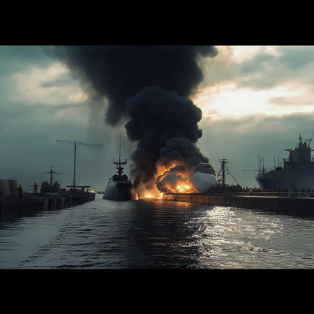 chaos unfolds beneath the ocean's surface as a submarine comes under attack. The scene is shrouded in billowing smoke and fierce flames, a harrowing testament to the intensity of the assault. The water's depths become a battleground, where the bravery and determination of the crew are tested amidst the turmoil. It's a snapshot that captures the raw power and perilous nature of submarine warfare, where survival hinges on skill, strategy, and unyielding resolve.generative aiの素材