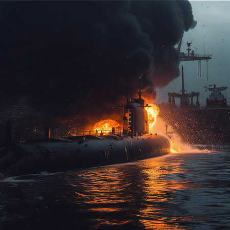 chaos unfolds beneath the ocean's surface as a submarine comes under attack. The scene is shrouded in billowing smoke and fierce flames, a harrowing testament to the intensity of the assault. The water's depths become a battleground, where the bravery and determination of the crew are tested amidst the turmoil. It's a snapshot that captures the raw power and perilous nature of submarine warfare, where survival hinges on skill, strategy, and unyielding resolve.generative aiの素材