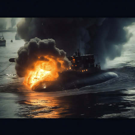 chaos unfolds beneath the ocean's surface as a submarine comes under attack. The scene is shrouded in billowing smoke and fierce flames, a harrowing testament to the intensity of the assault. The water's depths become a battleground, where the bravery and determination of the crew are tested amidst the turmoil. It's a snapshot that captures the raw power and perilous nature of submarine warfare, where survival hinges on skill, strategy, and unyielding resolve.generative aiの素材