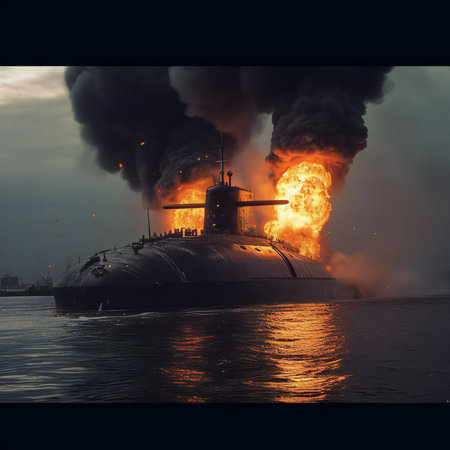 chaos unfolds beneath the ocean's surface as a submarine comes under attack. The scene is shrouded in billowing smoke and fierce flames, a harrowing testament to the intensity of the assault. The water's depths become a battleground, where the bravery and determination of the crew are tested amidst the turmoil. It's a snapshot that captures the raw power and perilous nature of submarine warfare, where survival hinges on skill, strategy, and unyielding resolve.generative aiの素材