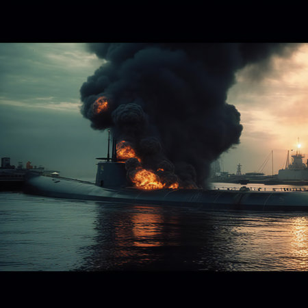 chaos unfolds beneath the ocean's surface as a submarine comes under attack. The scene is shrouded in billowing smoke and fierce flames, a harrowing testament to the intensity of the assault. The water's depths become a battleground, where the bravery and determination of the crew are tested amidst the turmoil. It's a snapshot that captures the raw power and perilous nature of submarine warfare, where survival hinges on skill, strategy, and unyielding resolve.generative aiの素材