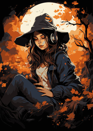 Vector Cute witch in the digital age listening to music from headphones teams up with a spirited crew of Halloween Witch to embark on a pixelated adventure like no other. Together, they create a whimsical fusion of the virtual and the spooky.のイラスト素材