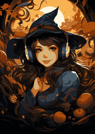 Vector Cute witch in the digital age listening to music from headphones teams up with a spirited crew of Halloween Witch to embark on a pixelated adventure like no other. Together, they create a whimsical fusion of the virtual and the spooky.のイラスト素材