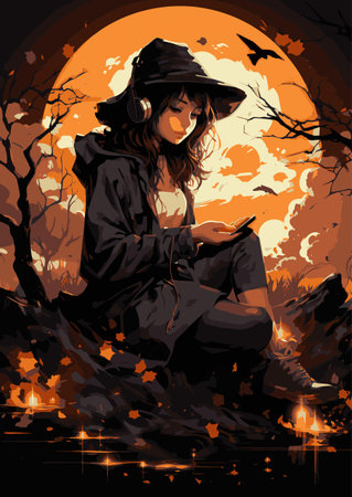 Vector Cute witch in the digital age listening to music from headphones teams up with a spirited crew of Halloween Witch to embark on a pixelated adventure like no other. Together, they create a whimsical fusion of the virtual and the spooky.のイラスト素材