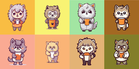 Halloween vector collection of cute werewolf holding a Cake Bakery, 8 character.Symbol graphics Suitable for screen printing t-shirts, book covers, and various printingのイラスト素材
