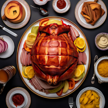 Honey Mustard Glazed Ham Honey Mustard Glazed Ham one of the most popular foods on Christmas Eve.AI generatedの素材