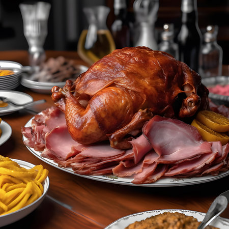 Honey Mustard Glazed Ham Honey Mustard Glazed Ham one of the most popular foods on Christmas Eve.AI generatedの素材