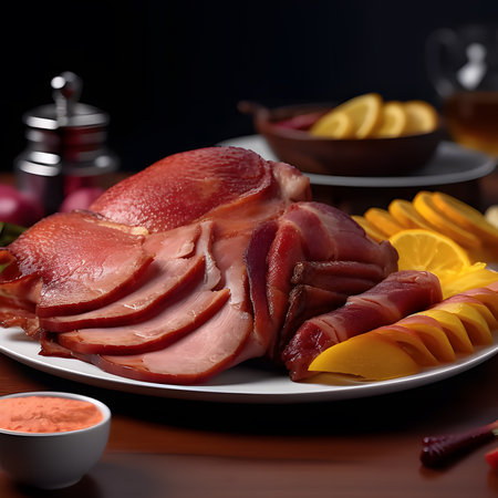Honey Mustard Glazed Ham Honey Mustard Glazed Ham one of the most popular foods on Christmas Eve.AI generatedの素材
