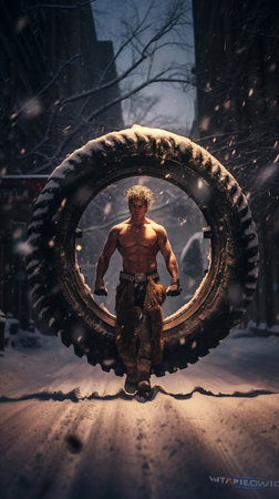 16:9 or 9:16 Photography Big muscular cupid is Tire-Based and exercise in preparation for sending gifts on Valentine's Day and other special daysの素材