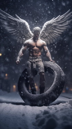 16:9 or 9:16 Photography Big muscular cupid is Tire-Based and exercise in preparation for sending gifts on Valentine's Day and other special daysの素材