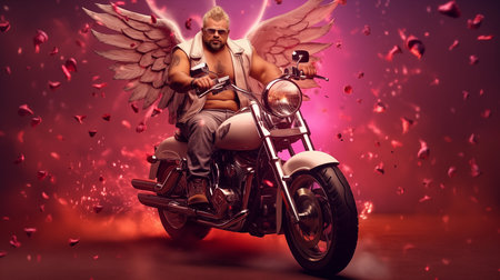 9:16 or 9:16 Photography Big muscular cupid is Riding a chopper to deliver gifts on Valentine's Day and other special days.の素材