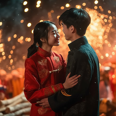 1:1 Chinese boys and girls give each other pure love on Chinese New Year.の素材