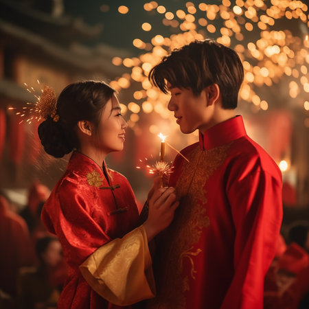 1:1 Chinese boys and girls give each other pure love on Chinese New Year.の素材