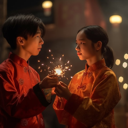 1:1 Chinese boys and girls give each other pure love on Chinese New Year.の素材
