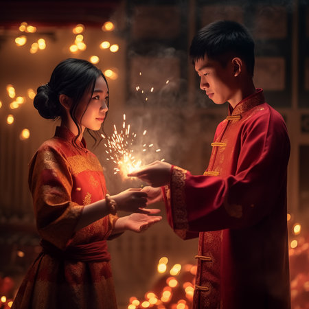 1:1 Chinese boys and girls give each other pure love on Chinese New Year.の素材