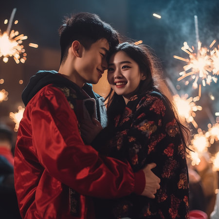 1:1 Chinese boys and girls give each other pure love on Chinese New Year.の素材