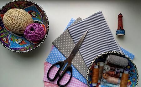 layout of accessories for cutting and sewing. Flat lay.