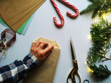 step-by-step instructions for packing a Christmas gift. DIY Christmas gift wrapping.の写真素材