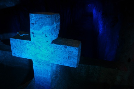 A blue salt cross in the salt cathedral in Zipaquira, Colombia の写真素材