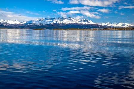 The mountains of Tierra del Fuego as seen from the Beagle Channelの写真素材