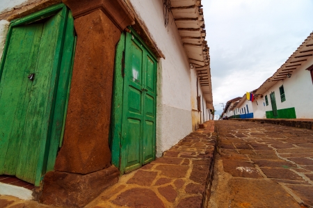 View of old colonial street corner in Barichara, Colombiaのeditorial素材