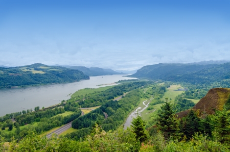 View of the lush green Columbia River Gorge in Oregon with I-84 visibleの写真素材