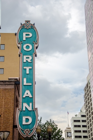 View of the iconic Portland sign in downtown Portland, Oregonのeditorial素材