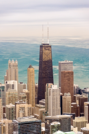View of skyscrapers in downtown Chicago with Lake Michigan visible in the backgroundのeditorial素材
