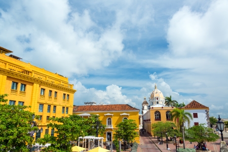 Historic colonial plaza in Cartagena, Colombiaのeditorial素材