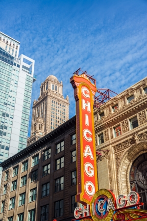 View of the Chicago Theater marquee with skyscrapers visible in the backgroundのeditorial素材