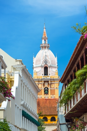 Vertical view of the stunning cathedral in the old historic center of Cartagena, Colombiaの写真素材