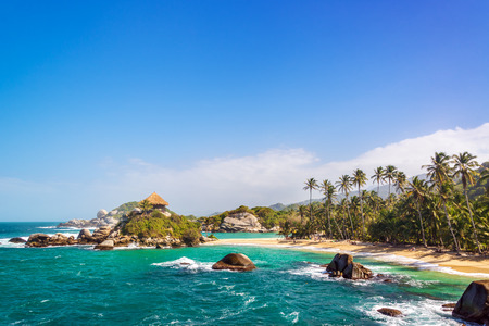 Palm trees and blue Caribbean water on the beach of San Juan del Guia in Tayrona National Park in Colombiaの写真素材