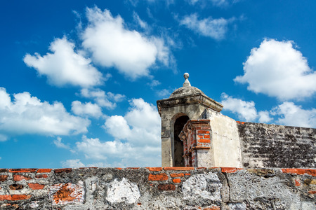 Blue sky behind a wall of San Felipe de Barajas castle in Cartagena, Colombiaの写真素材